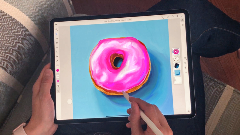 Fresco’s interface will feel familiar to users of Adobe’s desktop apps. (Pink Donut by artist Adriana Villagran.)